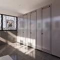 Modern Public Restroom Interior Design With Decorative Windows Shiny Tiled Floor And Stalls