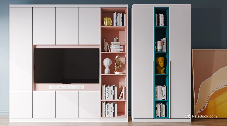 Modern TV Cabinet with White Pink Teal Design Open Shelves Books and Decorative Sculptures 3d model 