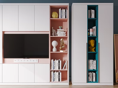 Modern TV Cabinet with White Pink Teal Design Open Shelves Books and Decorative Sculptures 3d model