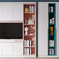Modern TV Cabinet with White Pink Teal Design Open Shelves Books and Decorative Sculptures