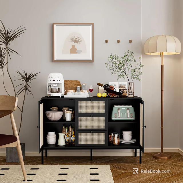 Black Sideboard With Storage Coffee Maker Wine Plants Floor Lamp And Wall Art 3d model 