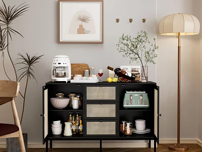 Black Sideboard With Storage Coffee Maker Wine Plants Floor Lamp And Wall Art 3d model