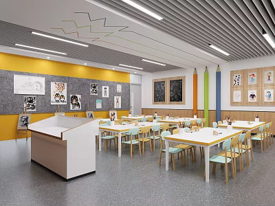 School Classroom Interior With Yellow Gray Walls Tables Chairs Lectern And Wall Artworks 3d model