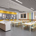 School Classroom Interior With Yellow Gray Walls Tables Chairs Lectern And Wall Artworks 3d model