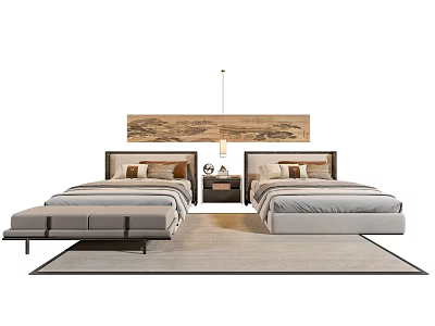Modern Single Beds in Bedroom with Nightstand Pendant Light and Decorative Painting 3d model