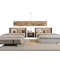 Modern Single Beds in Bedroom with Nightstand Pendant Light and Decorative Painting