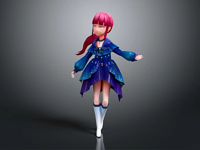 3D Character With Long Pink Hair And Sparkling Blue Dress Standing Pose 3d model