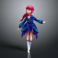 3D Character With Long Pink Hair And Sparkling Blue Dress Standing Pose