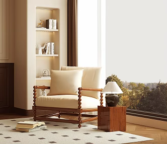 French Middle Style Casual Chair Wooden Chair Solid Wood Fabric Side Table 3d model