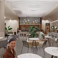 Modern Café Interior With Tables Chairs Hanging Lights Plants And Black White Patterned Floor
