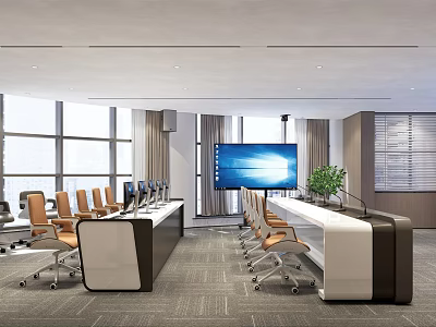 Modern Conference Room With Large Windows Long Conference Table Chairs Projector Screen And Green Plant 3d model