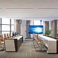 Modern Conference Room With Large Windows Long Conference Table Chairs Projector Screen And Green Plant
