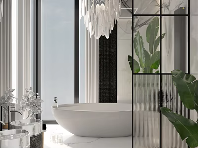 Modern Bathroom Interior With Freestanding White Bathtub Crystal Chandelier Green Plants And Marble Floor 3d model