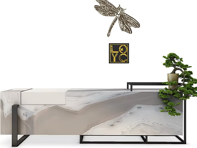 Modern Reception Desk With Marble Countertop Black Metal Frame Green Plant And Dragonfly Ornament 3d model