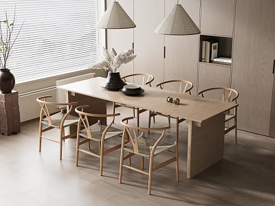 Modern Wooden Dining Table Set in Dining Room with Six Chairs Pendant Lights and Decor 3d model