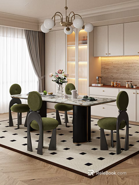 Modern Restaurant Interior With Green Chairs Marble Dining Table Open Layout And Floral Decor 3d model 