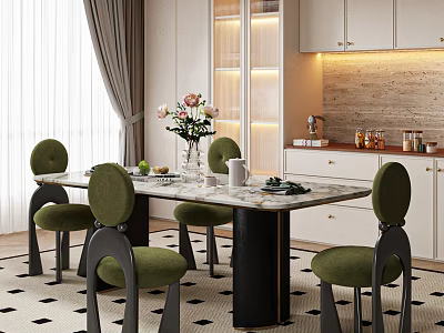 Modern Restaurant Interior With Green Chairs Marble Dining Table Open Layout And Floral Decor 3d model