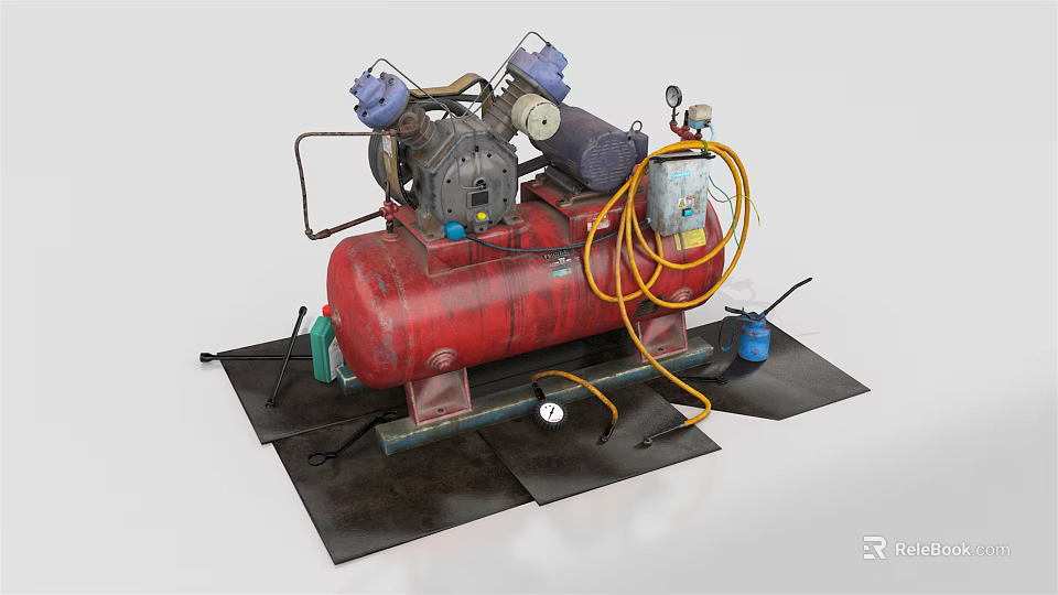 Industrial Air Compressor Equipment With Red Tank Yellow Hose And Pressure Gauge 3d model 