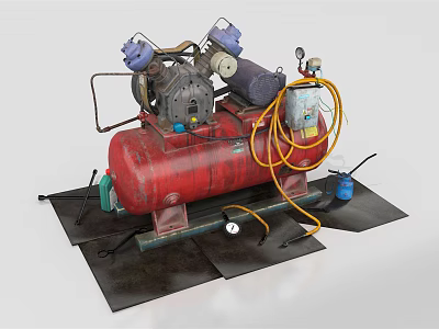 Industrial Air Compressor Equipment With Red Tank Yellow Hose And Pressure Gauge 3d model