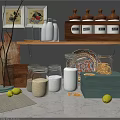 Elegant Kitchen Glass Jars Rice Salt Lemons and Decorative Plates on Wooden Shelf