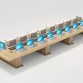 Modern Conference Table With Multiple Laptops And Lit Blue Screens And Microphones In Meeting Room