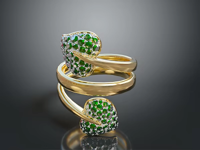 Luxurious Gold Ring With Twisted Band Heart Shaped Green Gemstones And White Diamonds 3d model