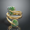 Luxurious Gold Ring With Twisted Band Heart Shaped Green Gemstones And White Diamonds
