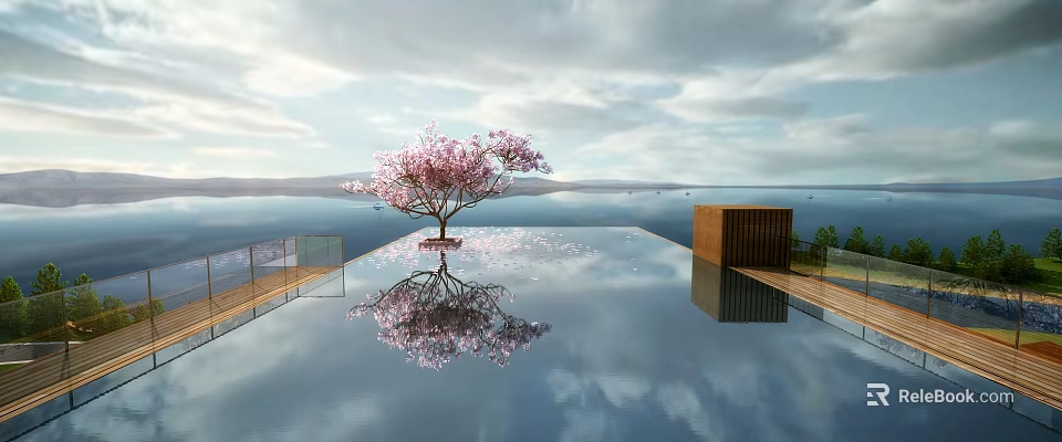 Outdoor Swimming Pool With Cherry Blossom Tree Reflection And Open Scenic Landscape 3d model 