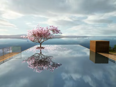Outdoor Swimming Pool With Cherry Blossom Tree Reflection And Open Scenic Landscape 3d model