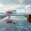 Outdoor Swimming Pool With Cherry Blossom Tree Reflection And Open Scenic Landscape