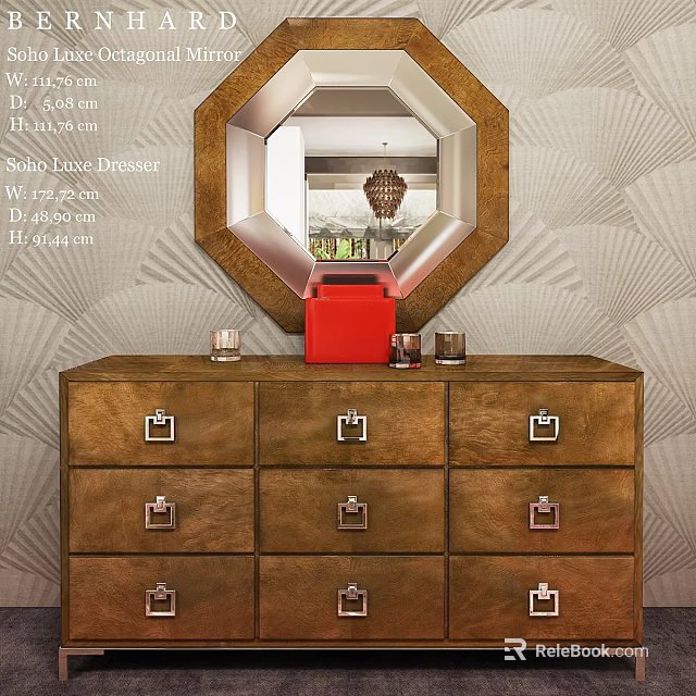 Wooden Solo Luxe Dresser With Multiple Drawers Red Box Candles Hexagonal Mirror And Geometric Wallpaper 3d model 