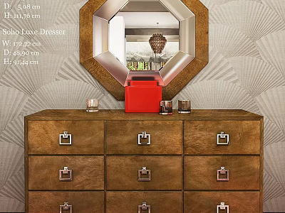 Wooden Solo Luxe Dresser With Multiple Drawers Red Box Candles Hexagonal Mirror And Geometric Wallpaper 3d model