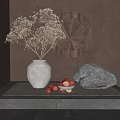 Decorative Ornament Combination Featuring Dried Flowers Wooden Plate Gray Vase Red Fruits And Stone Ornament