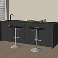 Black Bar Counter With Bar Stools Fruits And Glass Container By Window On Wooden Floor