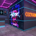 Futuristic Tech Inspired Interior With Purple Neon Lights Robot Clothing Display Tables And Chairs