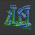Scenic Ruined Stone Pillar Sculpture with Earth Yellow Gray Hues Worn Traces and Green Moss