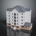 Cartoon Scene Of Multi Story Building Model White Exterior Gray Roof Brown Brick Base Reflection
