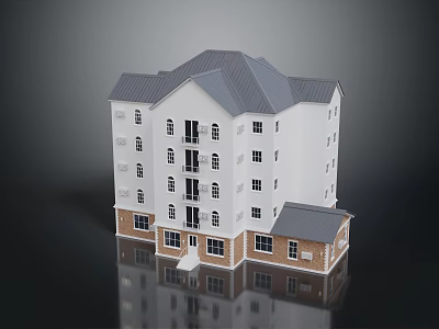Cartoon Scene Of Multi Story Building Model White Exterior Gray Roof Brown Brick Base Reflection 3d model