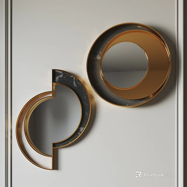 Circular Wall Decor With Gold Frame And Black Accent On White Wall 3d model
