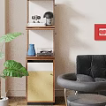 Wooden Shelf with Yellow Door Camera Lamp and Blue Vase in Living Room