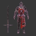 Medieval Knight Armor With Red Cloth And Long Sword On Gray Surface