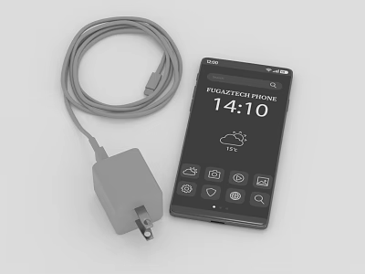 Smartphone With Charger And Charging Cable Showing Time And Weather On Screen 3d model