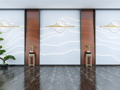 Modern Bedroom Accent Wall With Wooden Panels White Wavy Lines And Decorative Lights 3d model