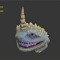 Game And Movie Character Blue Spiked Creature With Cone Shaped Horn And Large Teeth