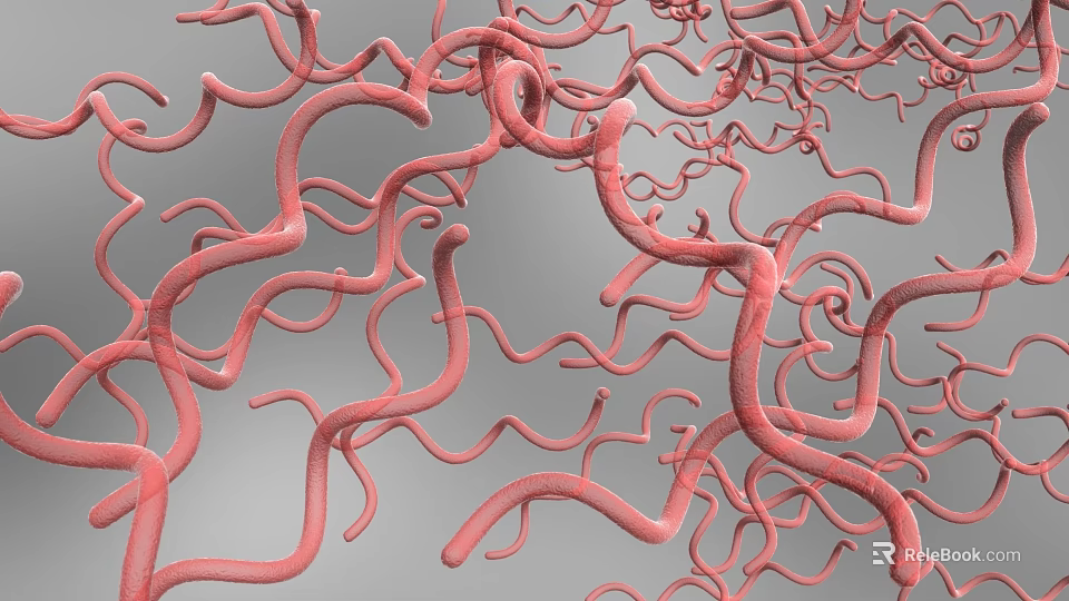 Red Curved Tubular Structures Intertwined Intricate Network on Gray Background 3d model