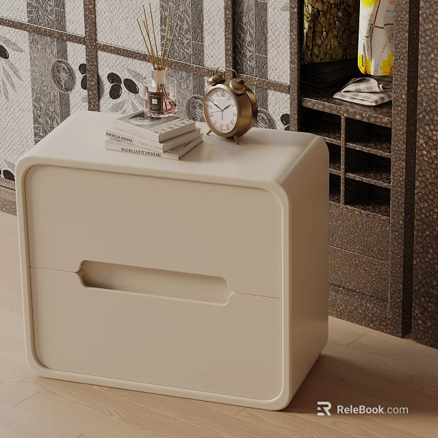 Modern Beige Side Table With Drawer Gold Alarm Clock Books And Perfume Bottle 3d model 
