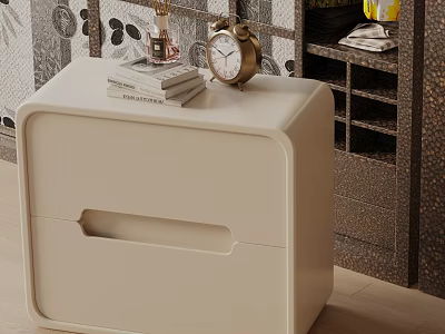 Modern Beige Side Table With Drawer Gold Alarm Clock Books And Perfume Bottle 3d model