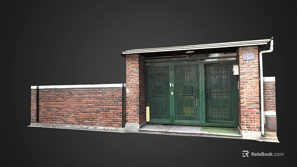 Traditional Entrance Gate With Green Doors Metal Grilles And Brick Wall Structure 3d model 