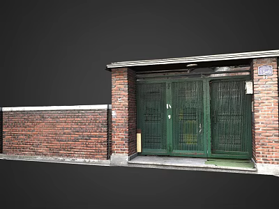 Traditional Entrance Gate With Green Doors Metal Grilles And Brick Wall Structure 3d model