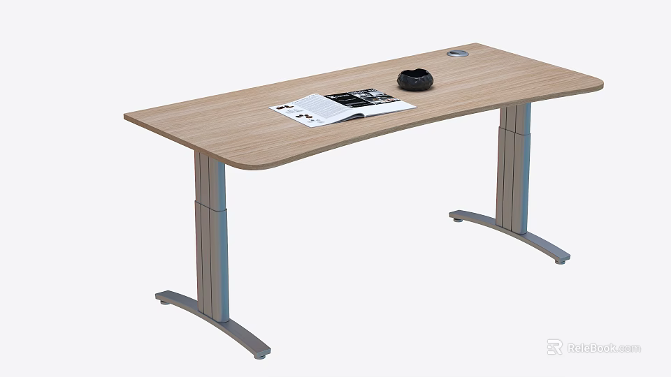 Stylish Wooden Desk With Metal Legs Magazine And Black Mouse On Surface 3d model 